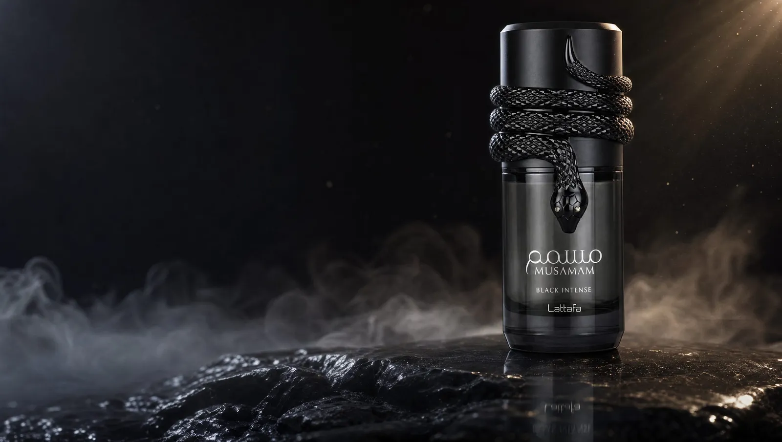 Musamam Black Intense by Lattafa — Cocoa-dark and aromatic — a woody showpiece crowned by the serpent. No oud, all magnetism.